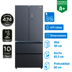 MIDEA REFRIGERADOR FRENCH DOOR NO FROST 474 LITROS GREY MDRFD705BIE70