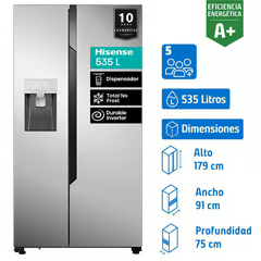 HISENSE REFRIGERADOR SIDE BY SIDE NO FROST 535 LITROS INOX RC-70WS